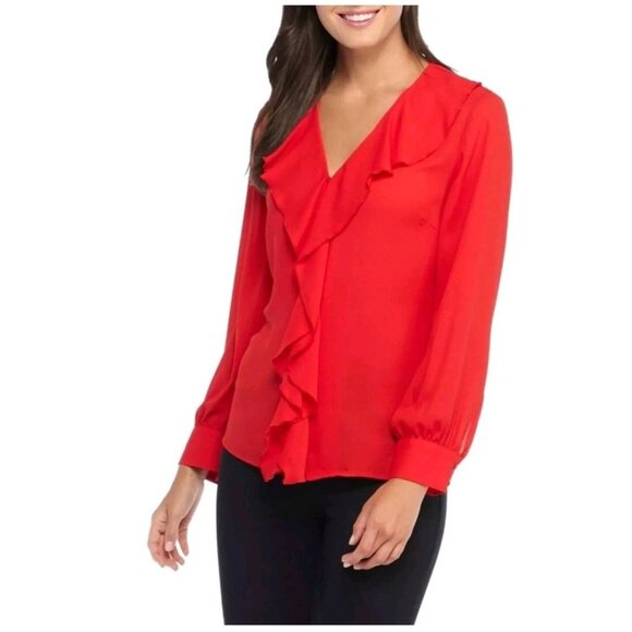 New! Womens Size 2X The Limited Red Ruffle Accent V-Neck Blouse Top Goji $79 - Picture 3 of 14
